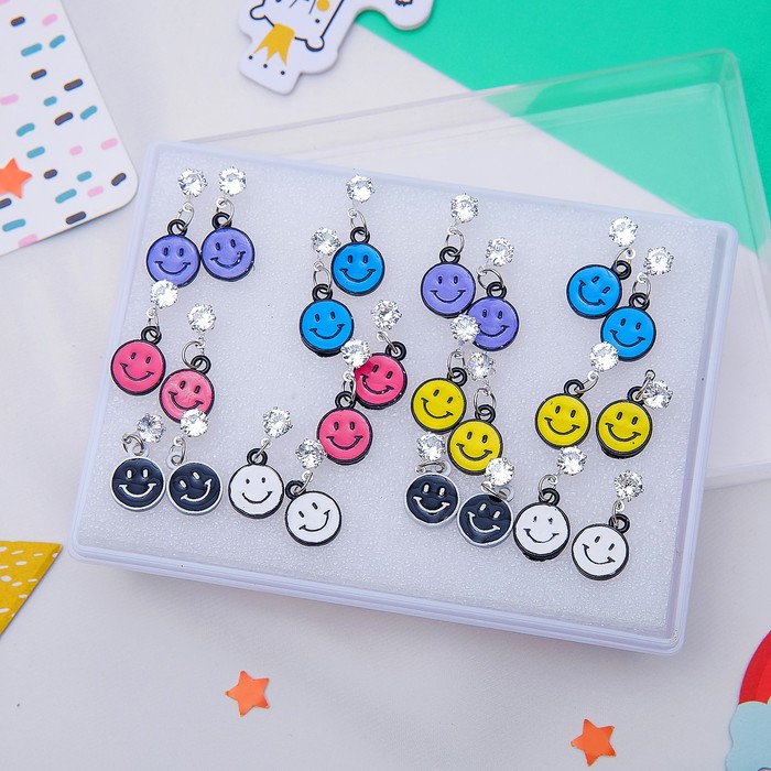 Серьги 12 пар "Смайлики", цветные