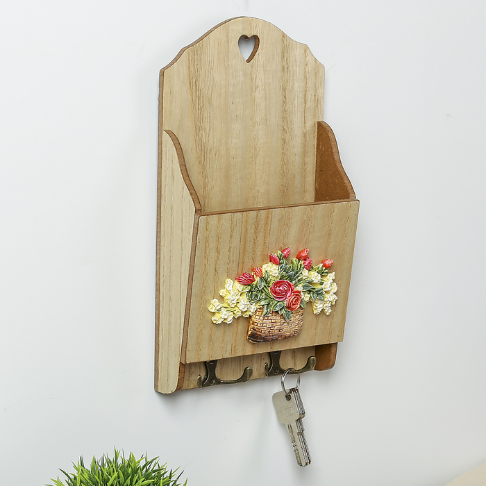 Крючки декоративные дерево с полочкой "Корзина с цветами" 30х16х5,8 см