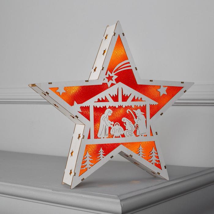 Фигура деревянная "Звезда Сказка", 33х33х5 см, 2*AАA (не в компл.) 6 LED, красный фон