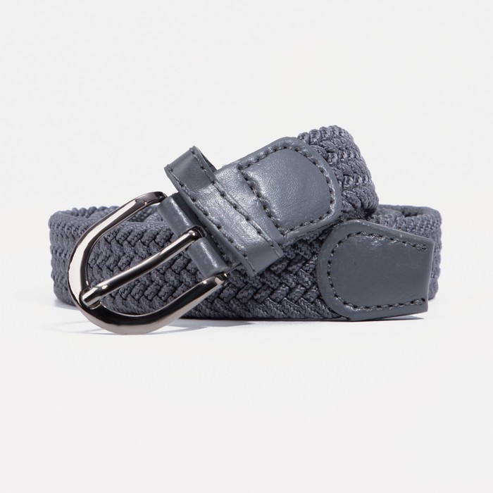 Ремень детский, резинка плетёнка, пряжка металл, цвет серый
