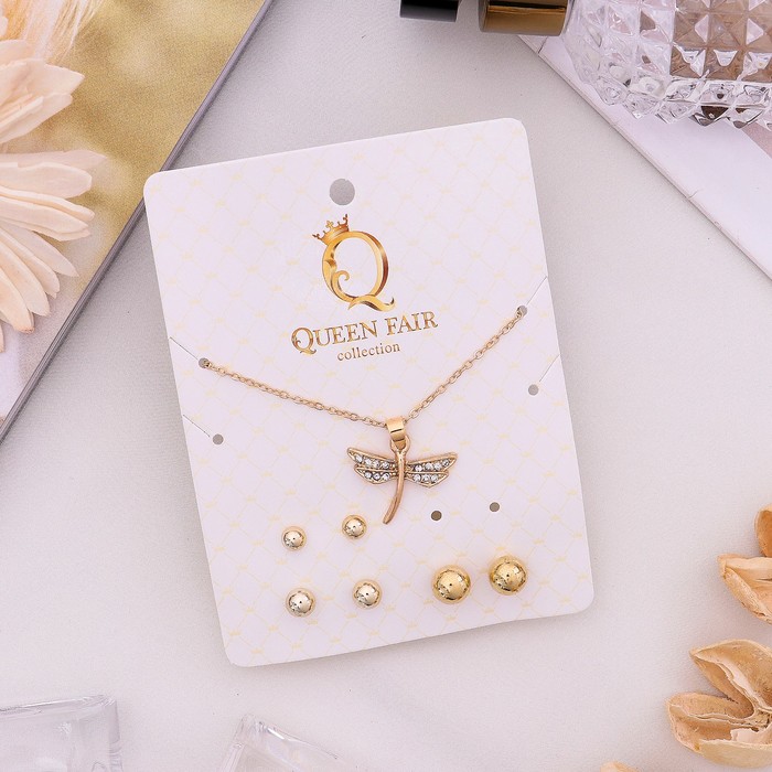 Гарнитур 4 предмета: серьги (3 пары), кулон "Стрекоза", цвет белый в золоте, 45см