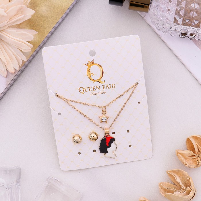 Гарнитур 2 предмета: серьги, кулон двойной "Девочка в повязке", цветной в золоте, 45 см