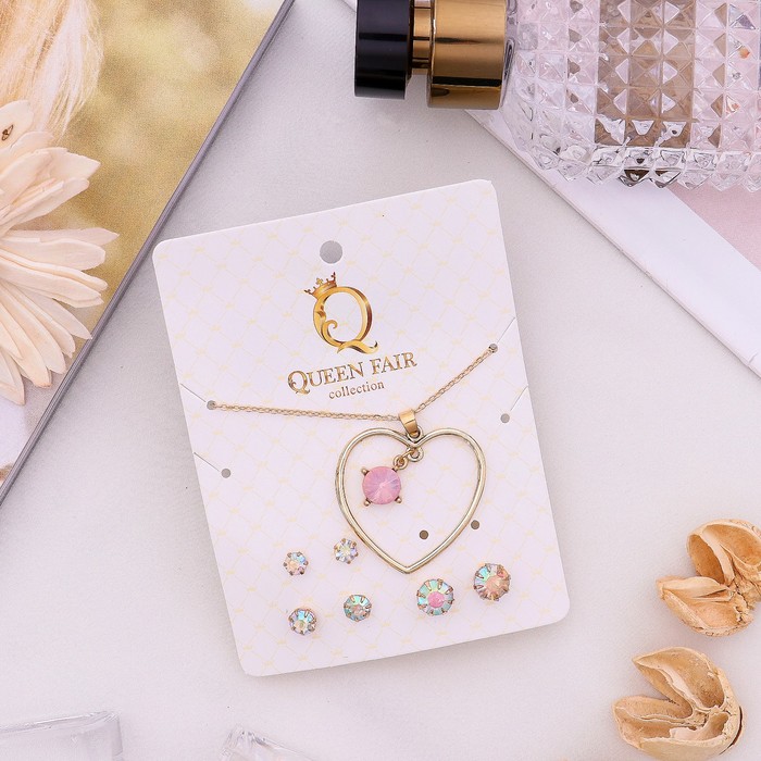 Гарнитур 4 предмета: серьги (3 пары), кулон "Сердце", цвет розовый в золоте, 45 см