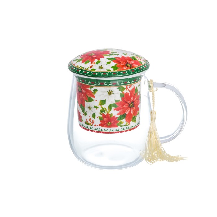 Кружка с фарфоровым ситом и крышкой "Пуансеттия" 11,5×8×10,5 см, 400 мл, подарочная упаковка   39499