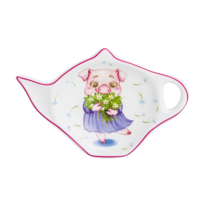 Подставка под чайный пакетик "Свинка с ландышами" 12 × 8 × 1,5 см, в подарочной упаковке