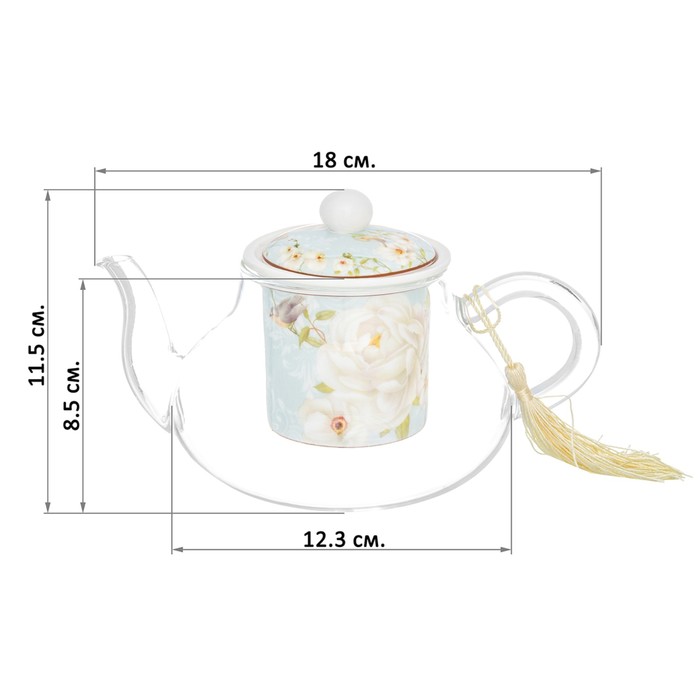 Чайник с фарфоровым ситом "Дикая роза" 18 × 12,3 × 11,5 см, 600 мл, в подарочной упаковке