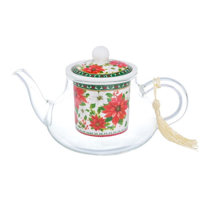 Чайник с фарфоровым ситом "Пуансеттия" 18,5 × 12 × 11 см, 600 мл, в подарочной упаковке