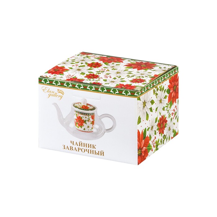 Чайник с фарфоровым ситом "Пуансеттия" 18,5 × 12 × 11 см, 600 мл, в подарочной упаковке