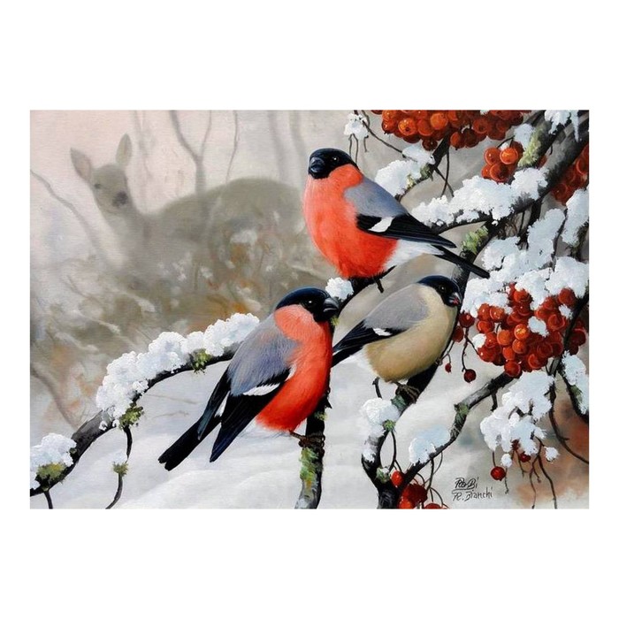 Картина стразами "Три снегиря и лань"