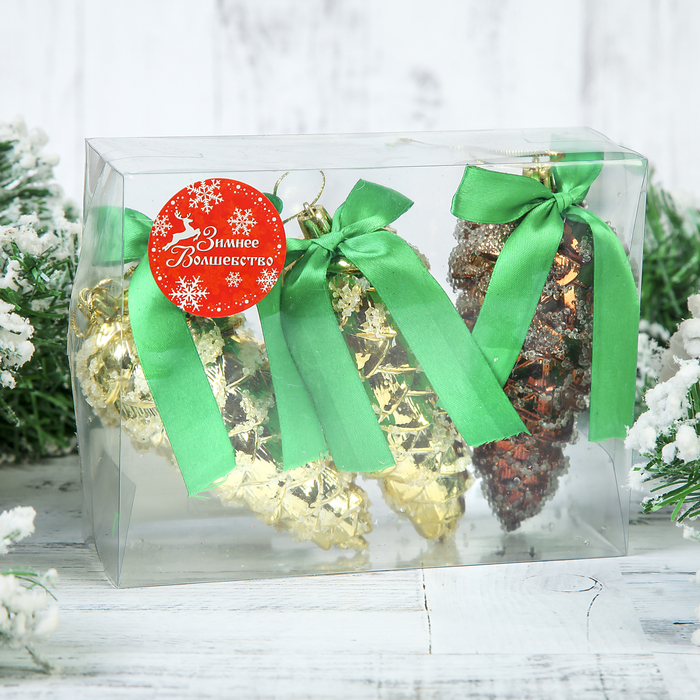 Набор украшений пластик 3 шт 11*5 см шишка с бантиком микс