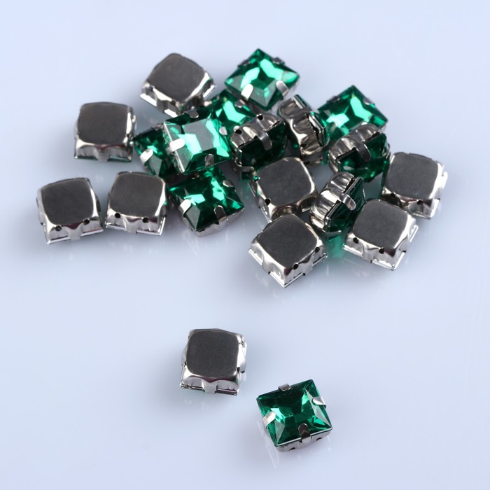 Стразы пришивные в оправе "Квадрат", 20шт, цвет зелёный