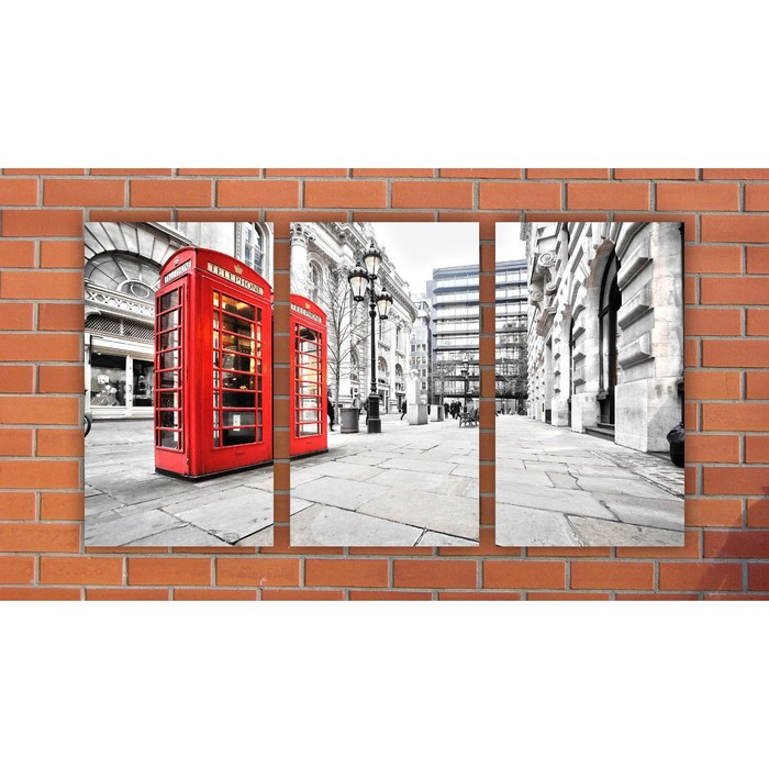 Модульная картина на экокоже "Лондон телефоная бутка" 3 шт.-35x60, 109*60 см
