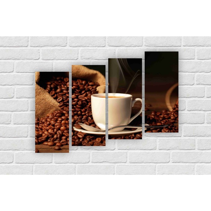 Модульная картина на экокоже "Бодрящее кофе" 4 шт.-25x60, 106*60 см