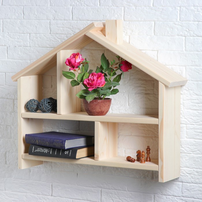 Полка "Домик с трубой" из СОСНЫ, 55х14х48см