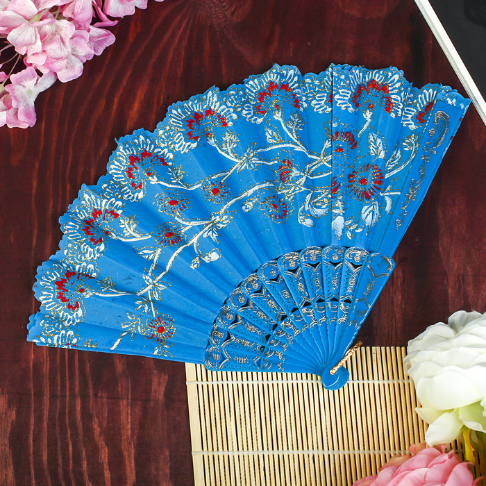 Веер пластик, текстиль "Цветы с золотом" МИКС 23 см