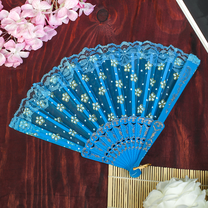 Веер пластик, текстиль "Незабудки" с золотом МИКС 23 см