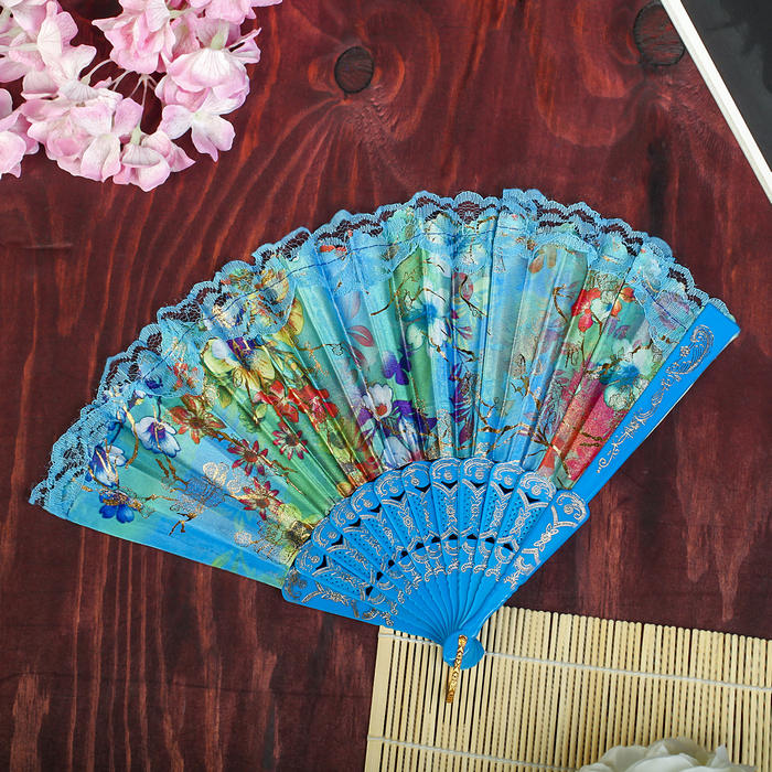 Веер пластик, текстиль "Цветы с кружевом" МИКС 23 см