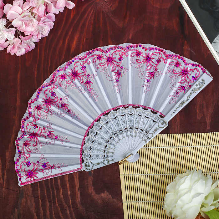 Веер пластик, текстиль "Цветочный" пайетки МИКС 23 см