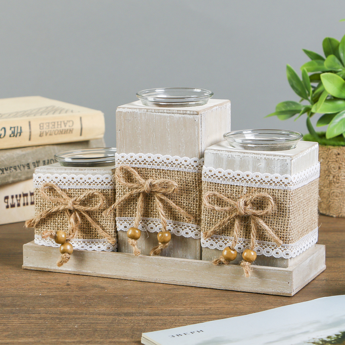 Набор подсвечников дерево на 3 свечи "Бантики" 14,5х23,5х9 см