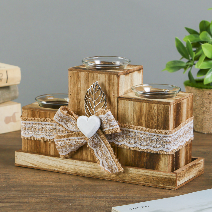 Набор подсвечников дерево на 3 свечи "Листик" 14,5х23,5х9 см