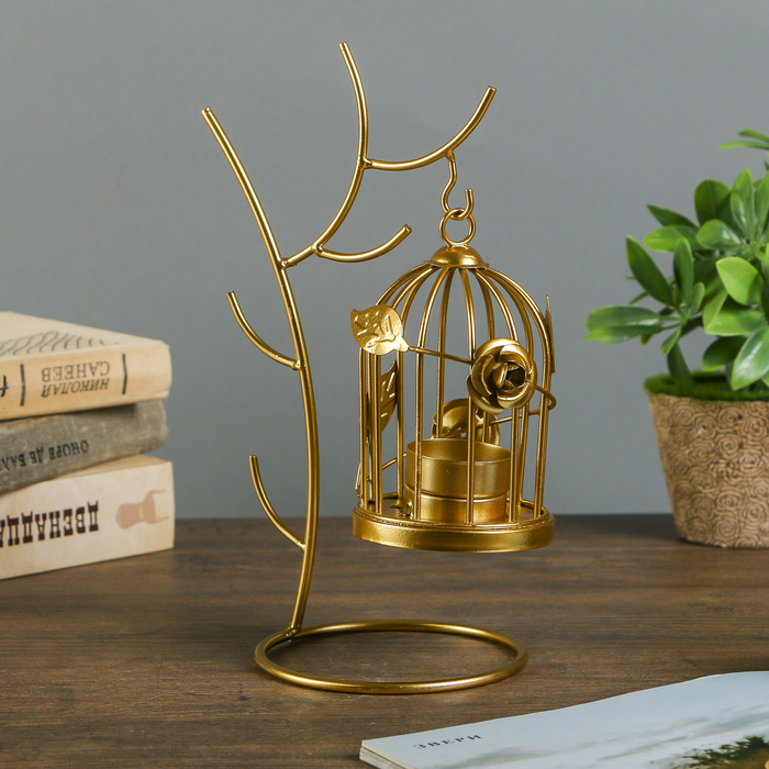 Подсвечник металл на 1 свечу "Клетка с розами" золото 23,5х16х10,5 см