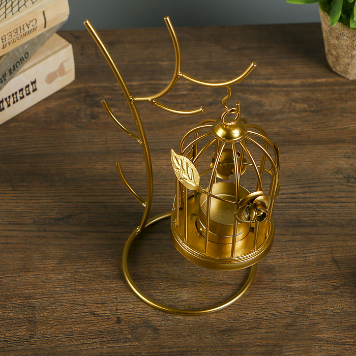 Подсвечник металл на 1 свечу "Клетка с розами" золото 23,5х16х10,5 см