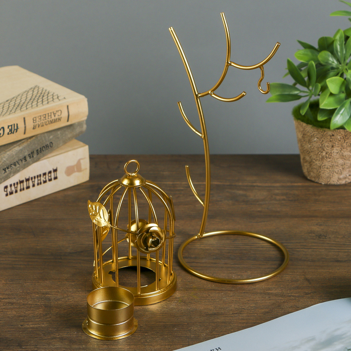 Подсвечник металл на 1 свечу "Клетка с розами" золото 23,5х16х10,5 см