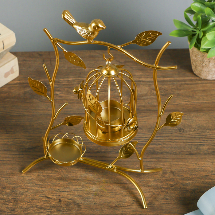 Подсвечник металл 2 свечи "Клетка с розами" золото 29х20,5х8,5 см