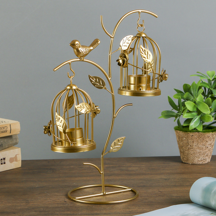 Подсвечник металл на 2 свечи "Клетка с розами и птицей" золото 33,5х24,5х13 см