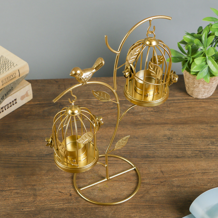 Подсвечник металл на 2 свечи "Клетка с розами и птицей" золото 33,5х24,5х13 см