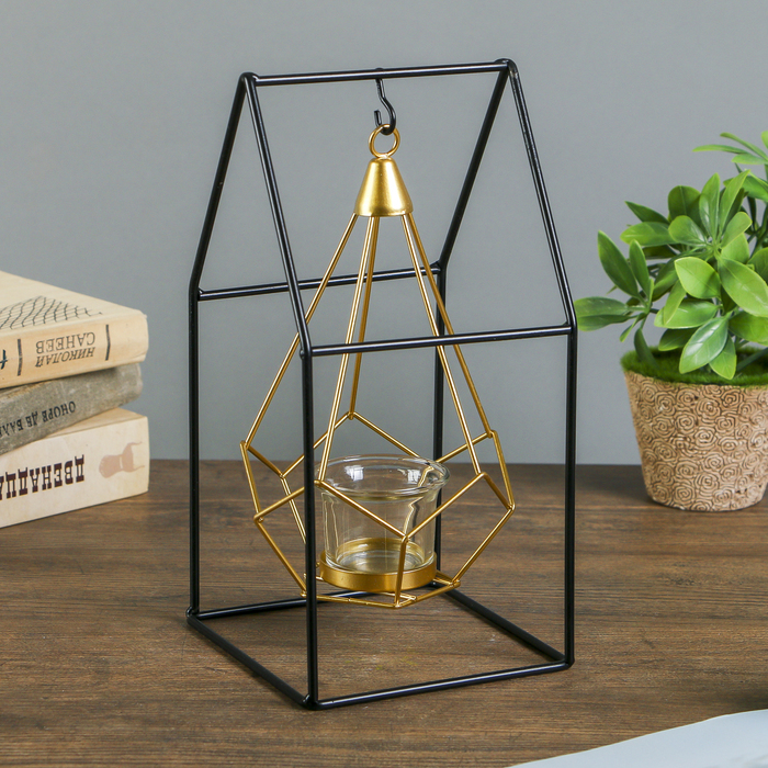 Подсвечник металл на 1 свечу "Пирамида в домике" 26,5х12,5х13 см