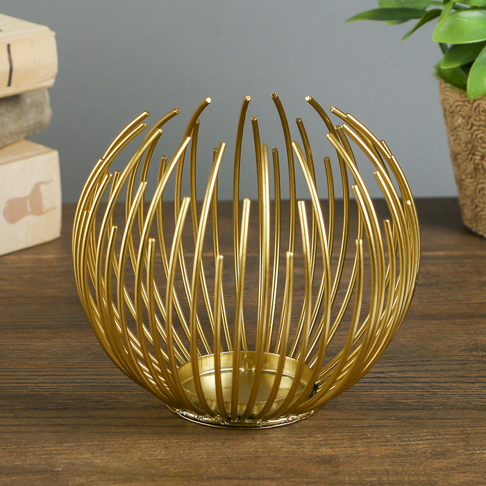 Подсвечник металл 1 свеча "Шар из прутьев" золото 11х13х13 см