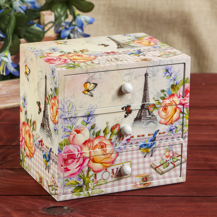Шкатулка дерево комод 3 ящика "Розы и Эйфелева башня" 14,8х15,6х11,6 см