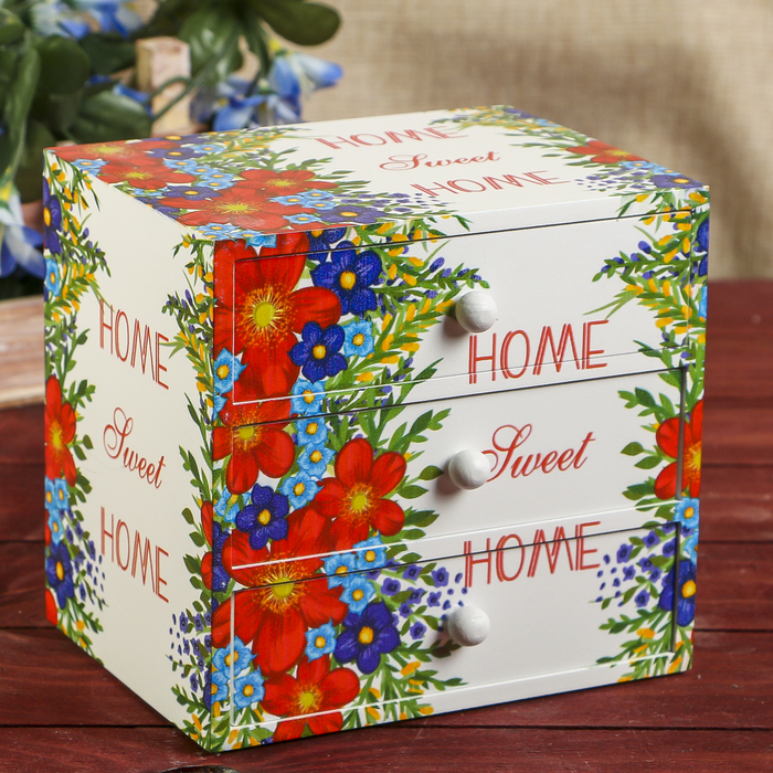 Шкатулка дерево комод 3 ящика "Яркие цветы" 14,8х15,6х11,6 см