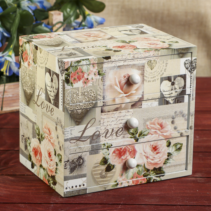 Шкатулка дерево комод 3 ящика "Винтаж. Цветы" 14,8х15,6х11,6 см