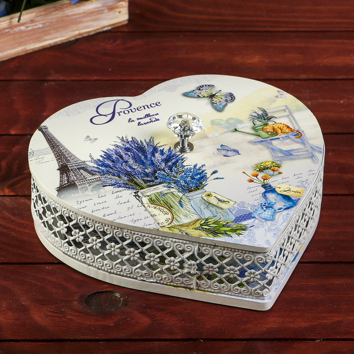 Шкатулка дерево, металл "Лаванда и Эйфелева башня" сердце 8х21х21 см
