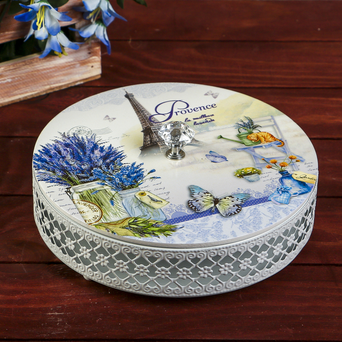 Шкатулка дерево, металл "Лаванда и Эйфелева башня" круглая 8,5х20х20 см
