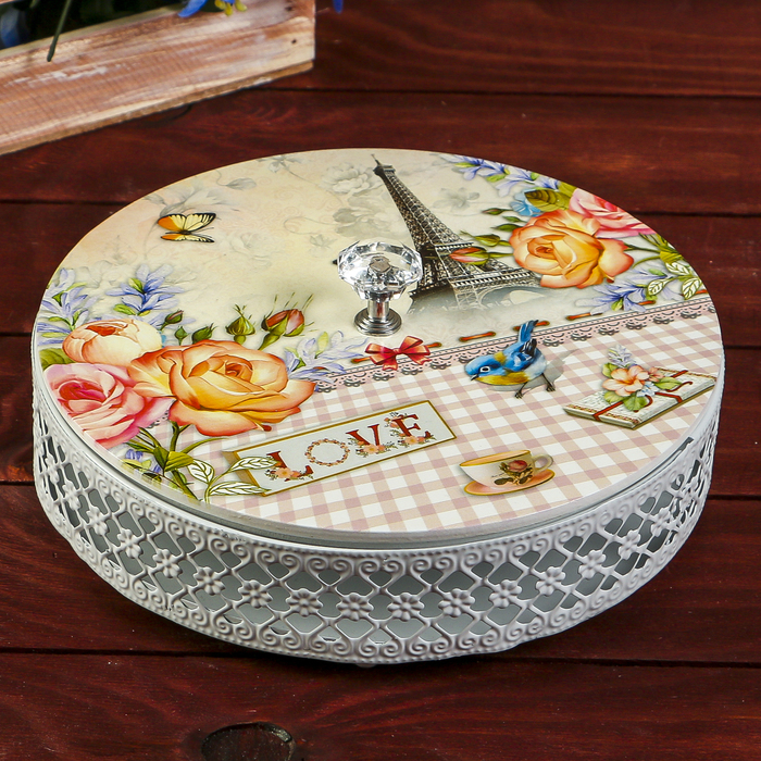 Шкатулка дерево, металл "Розы и Эйфелева башня" круглая 8,5х20х20 см