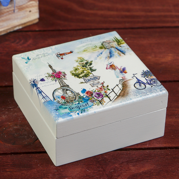 Шкатулка дерево "Лаванда и Эйфелева башня" 4,2х8,5х8,5 см