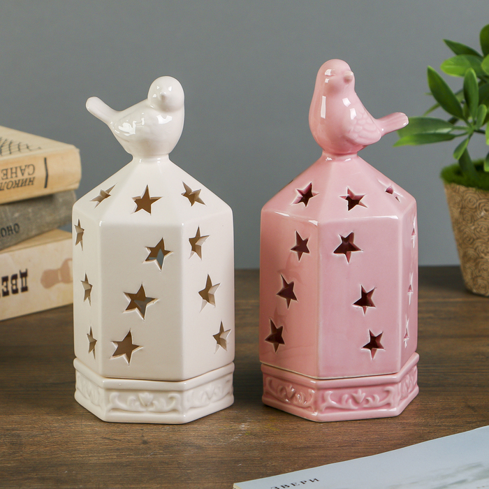 Подсвечник керамика на 1 свечу "Клетка в звёздочку с птицей" МИКС 18х8,5х7,8 см