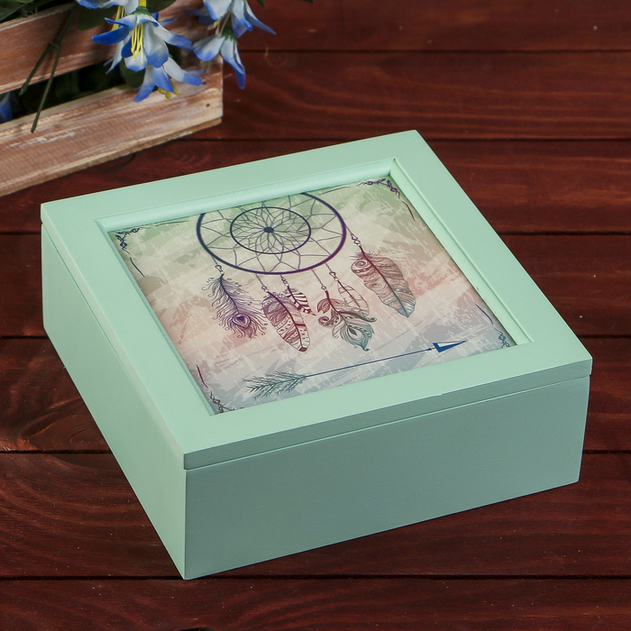 Шкатулка дерево с делениями "Ловец снов. Индейский символ" зелёно-голубая 7х18х18 см