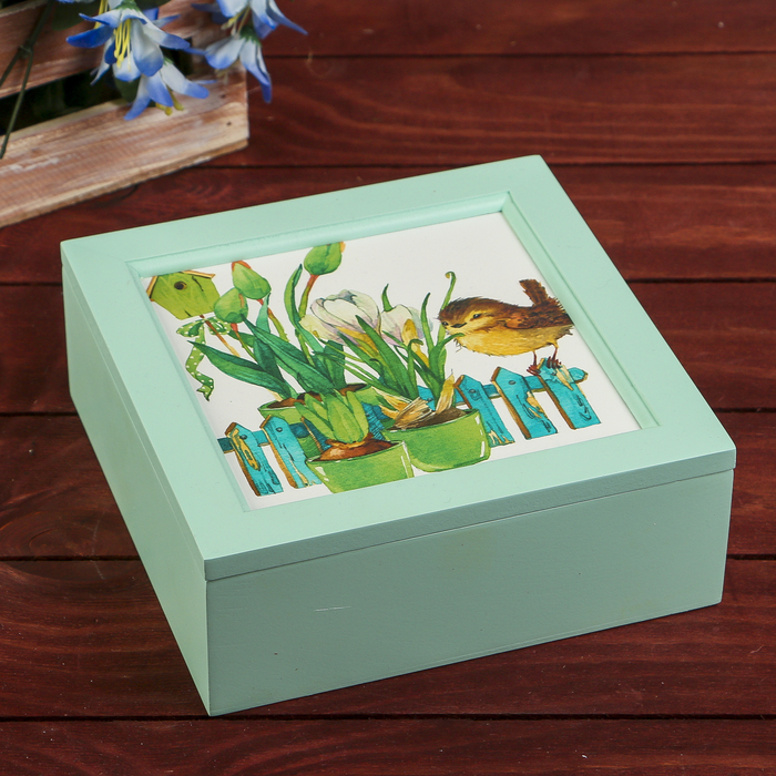 Шкатулка дерево с делениями "Воробей и цветы в горшочках" зелёно-голубая 7х18х18 см