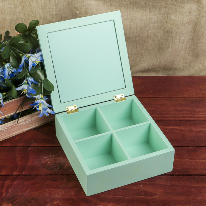 Шкатулка дерево с делениями "Воробей и цветы в горшочках" зелёно-голубая 7х18х18 см