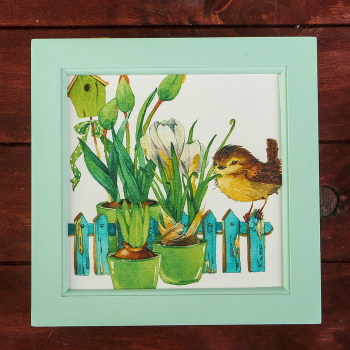 Шкатулка дерево с делениями "Воробей и цветы в горшочках" зелёно-голубая 7х18х18 см