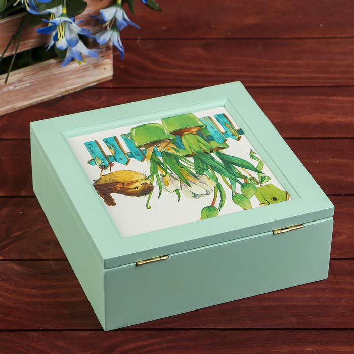 Шкатулка дерево с делениями "Воробей и цветы в горшочках" зелёно-голубая 7х18х18 см
