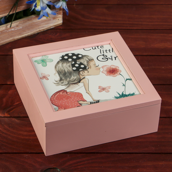 Шкатулка дерево с делениями "Малышка" розовая 7х18х18 см