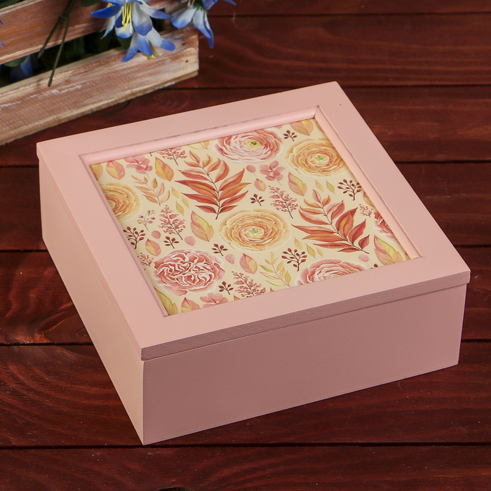 Шкатулка дерево с делениями "Пионы" розовая 7х18х18 см