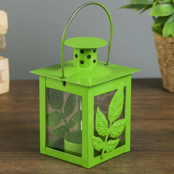 Подсвечник металл на 1 свечу фонарик "Веточка с листьями" зелёный 10,5х7,5х7,5 см