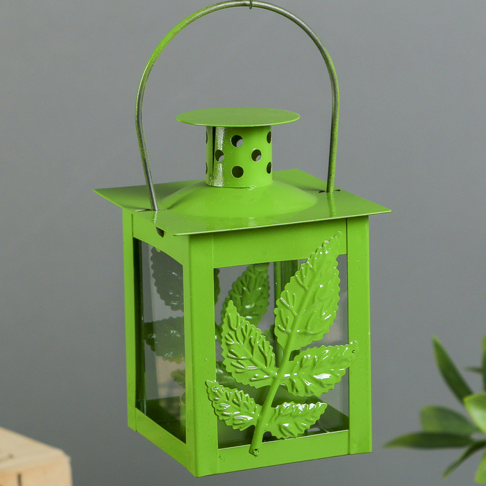 Подсвечник металл на 1 свечу фонарик "Веточка с листьями" зелёный 10,5х7,5х7,5 см