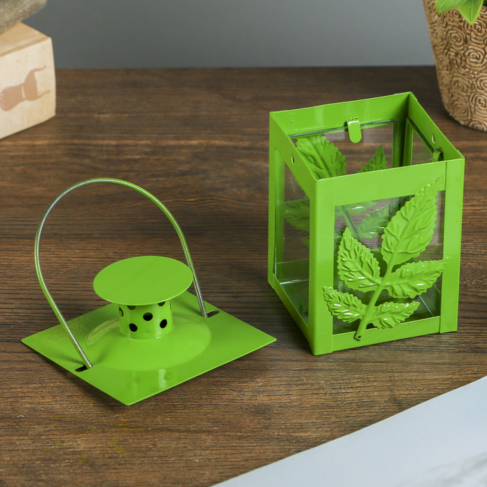 Подсвечник металл на 1 свечу фонарик "Веточка с листьями" зелёный 10,5х7,5х7,5 см